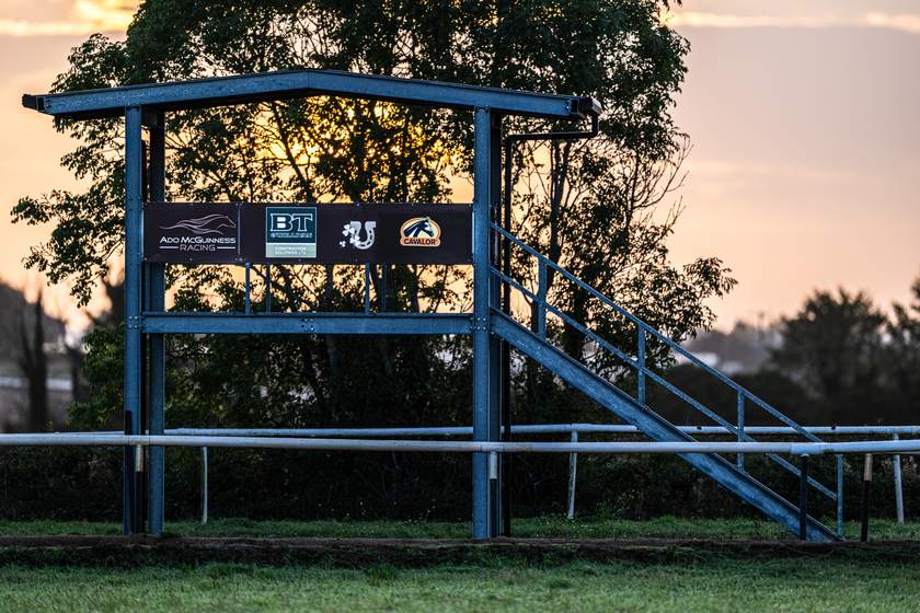 The gallops viewing stand at dusk